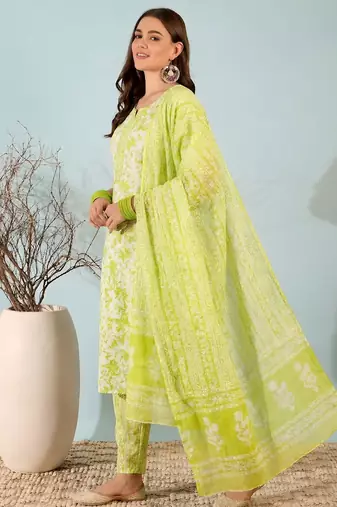Lime green printed cotton kurta set with dupatta