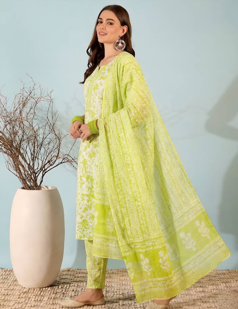 Lime green printed cotton kurta set with dupatta