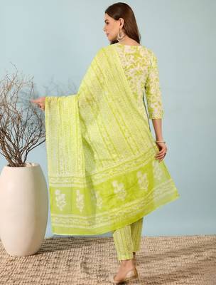 women  s lime green cotton kurta set with pants and dupatta 2