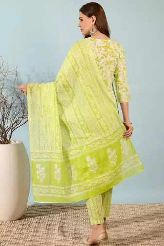women   s lime green cotton kurta set with pants and dupatta