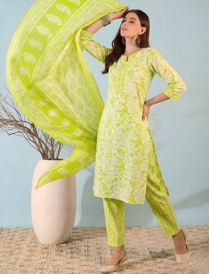 women  s lime green cotton kurta set with pants and dupatta 3