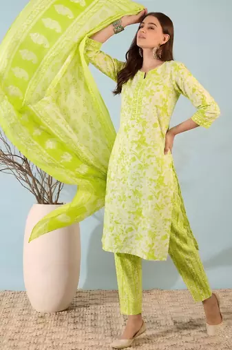 women   s lime green cotton kurta set with pants and dupatta