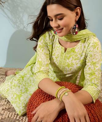 women  s lime green cotton kurta set with pants and dupatta 4