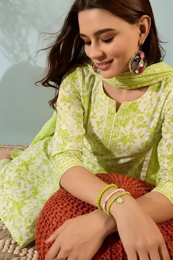 women   s lime green cotton kurta set with pants and dupatta