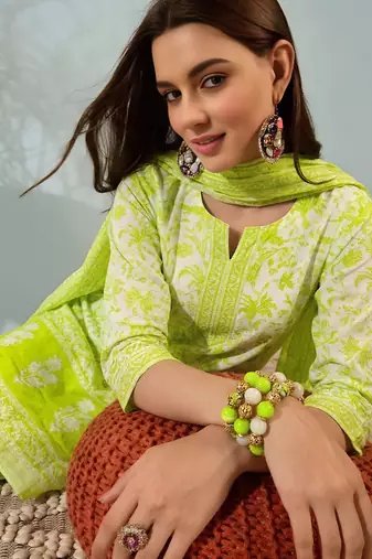 women   s lime green cotton kurta set with pants and dupatta