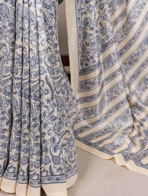 Beige and blue printed cotton saree 2