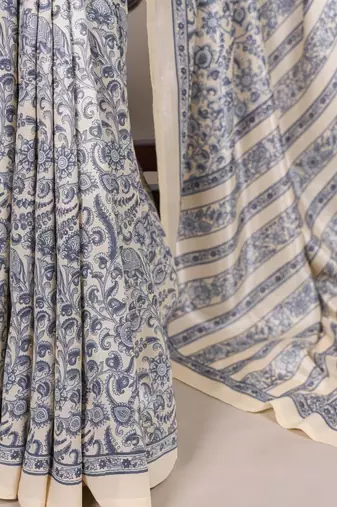 Beige and blue printed cotton saree