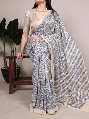 Beige and blue printed cotton saree 1