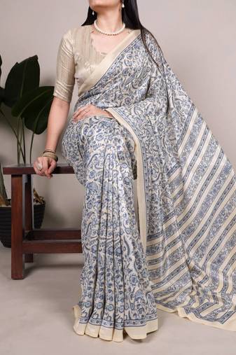 Beige and blue printed cotton saree