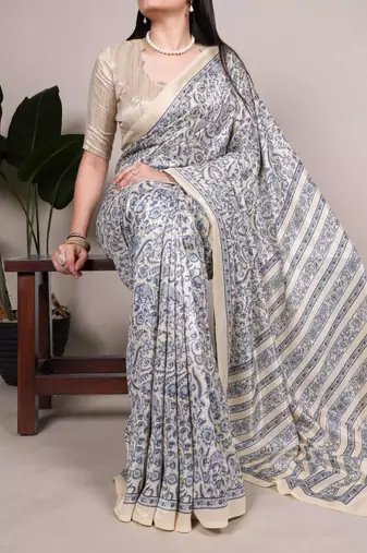 Beige and blue printed cotton saree