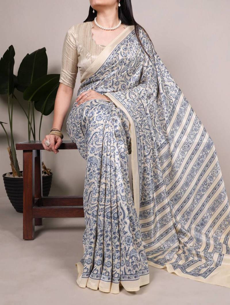 Beige and blue printed cotton saree