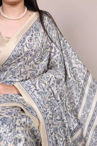 Beige and blue printed cotton saree