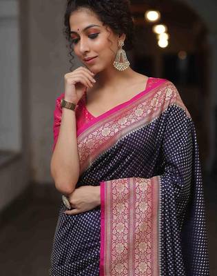navy blue and pink silk blend saree 2