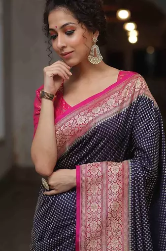 navy blue and pink silk blend saree