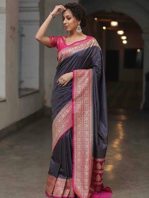 navy blue and pink silk blend saree 3