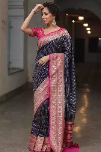 navy blue and pink silk blend saree
