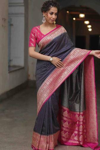 navy blue and pink silk blend saree