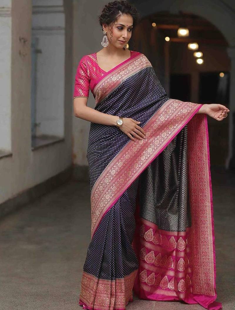 navy blue and pink silk blend saree