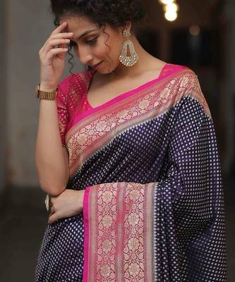 navy blue and pink silk blend saree 4