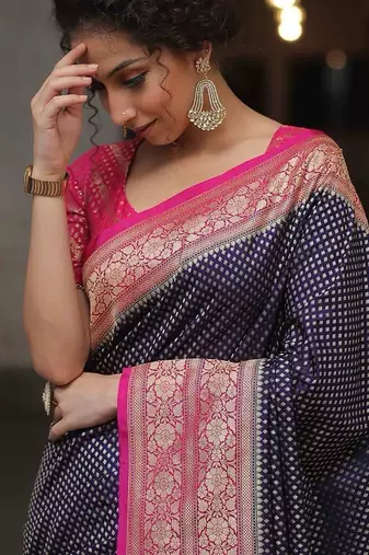 navy blue and pink silk blend saree
