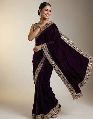 Deep velvet embroidered saree 2