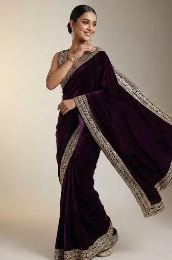 Deep velvet embroidered saree