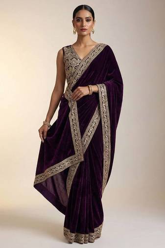 Deep velvet embroidered saree