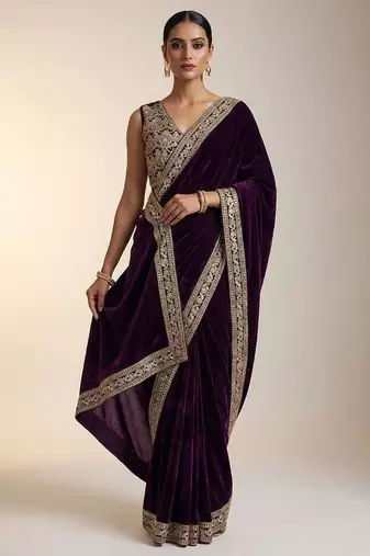 Deep velvet embroidered saree