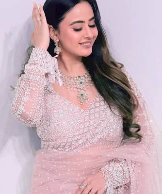 Blush pink embroidered net saree 2