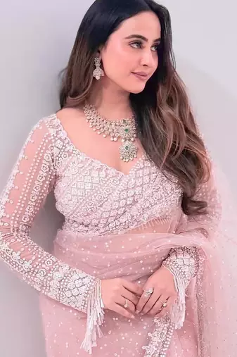 Blush pink embroidered net saree