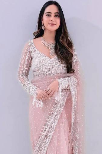 Blush pink embroidered net saree