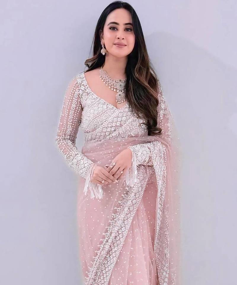 Blush pink embroidered net saree