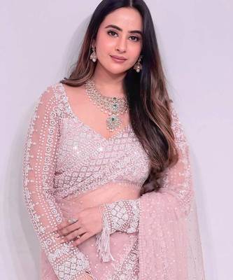 Blush pink embroidered net saree 4