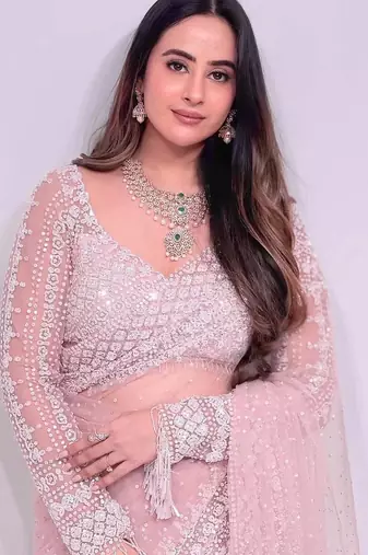 Blush pink embroidered net saree