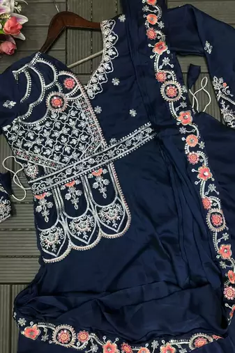 teal blue embroidered pre-stitched saree