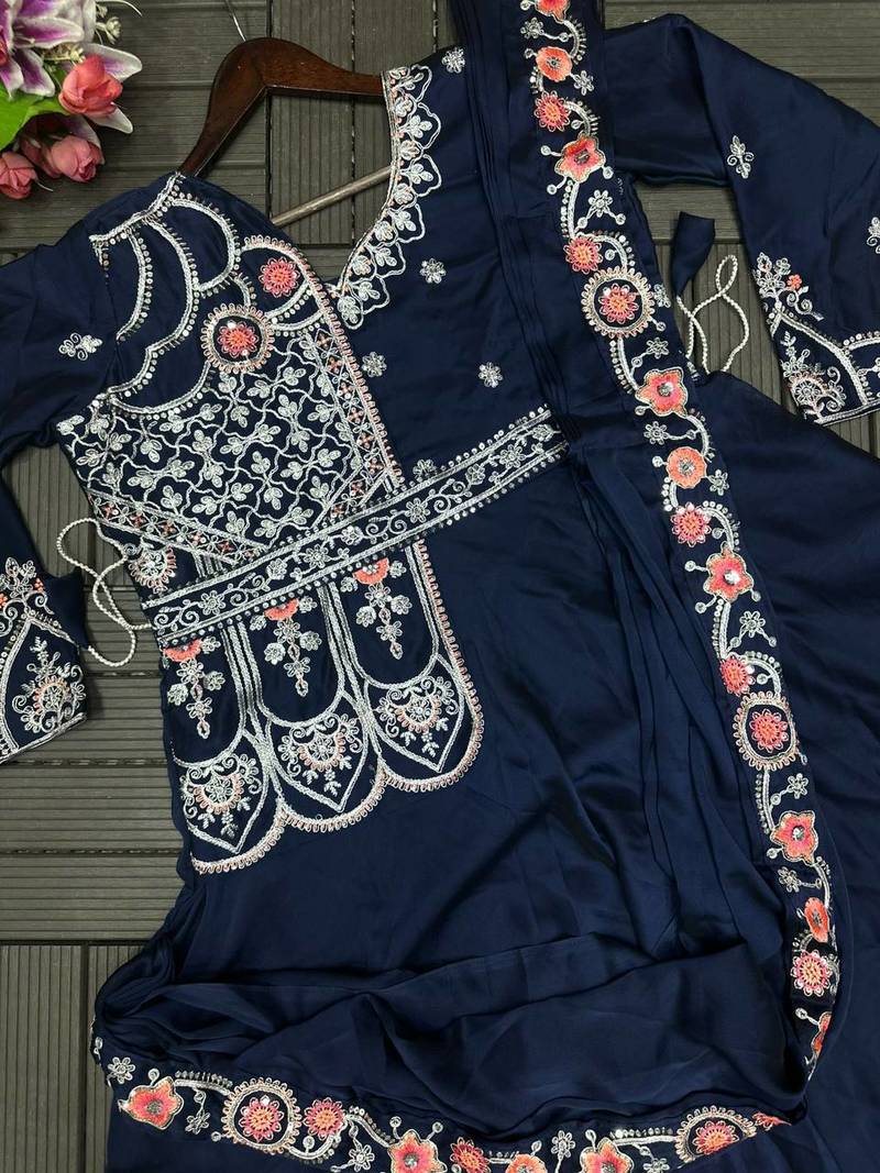 teal blue embroidered ready-to-wear saree