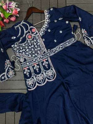 teal blue embroidered pre-stitched saree 3