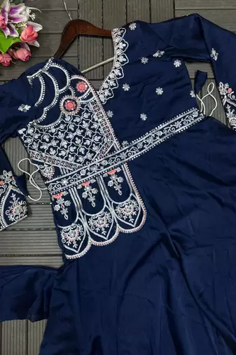 teal blue embroidered pre-stitched saree