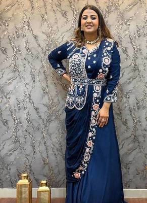 teal blue embroidered pre-stitched saree 1