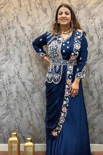 teal blue embroidered ready to wear saree