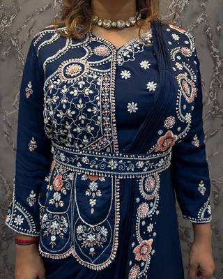 teal blue embroidered pre-stitched saree 4