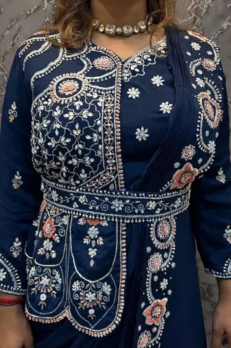 teal blue embroidered pre-stitched saree