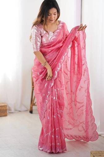 pink embroidered silk blend saree