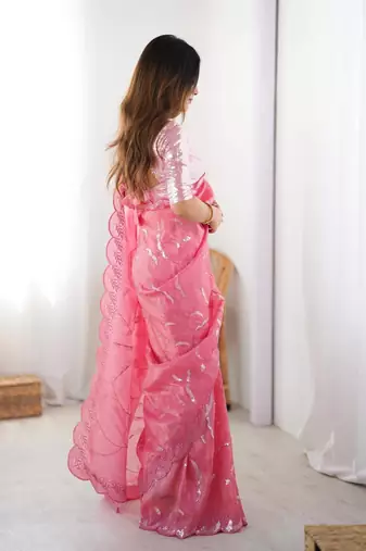 pink embroidered silk blend saree