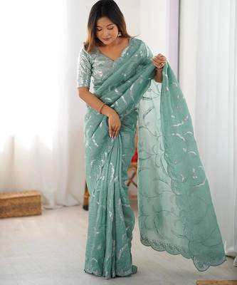 Pastel green embroidered saree 1