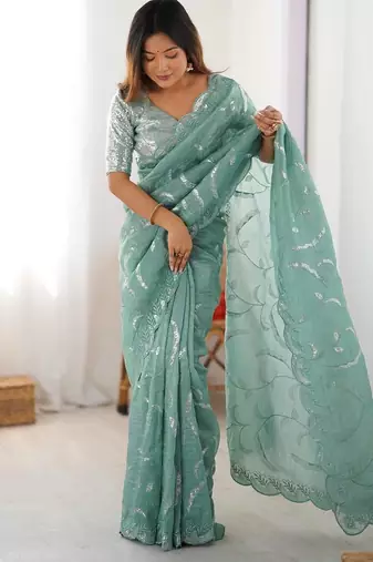 Pastel green embroidered saree