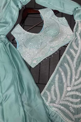 Pastel green ready to wear embroidered saree