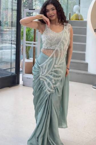 Pastel green ready to wear embroidered saree