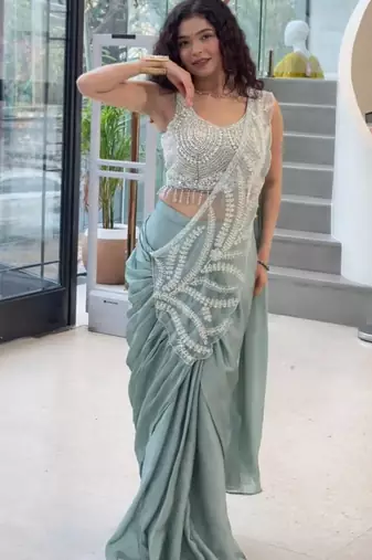 Pastel green ready to wear embroidered saree