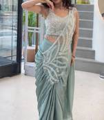 Pastel green ready-to-wear embroidered saree